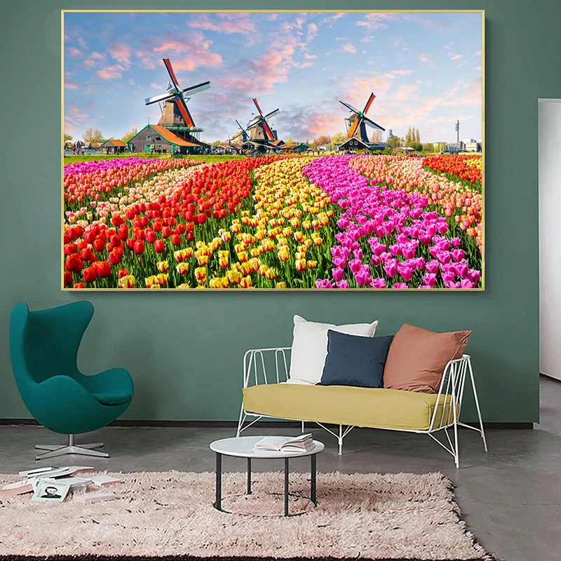 Modern Art Tulip Flowers of Netherlands Windmill Landscape Poster Canvas Painting Poster and Prints Wall Art for Living Room