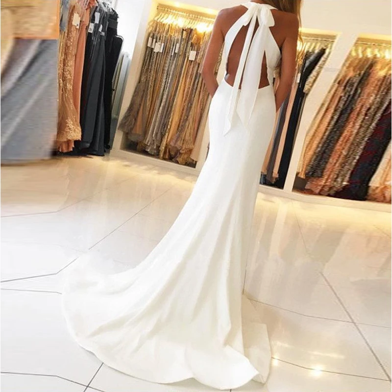 Customized Prom Gowns  White Halter Evening Gowns Side Slit Sleeveless Simple Open-Back Mermaid Long Formal Party Dresses