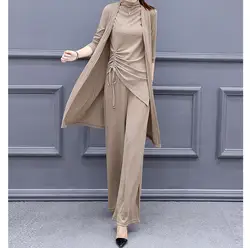 Knitted 3 Pieces Set Women Tracksuit Long Sleeve Cardigan Pullover Tops  Wide Leg Pants Suit Women's Sets Brown Office Elegant