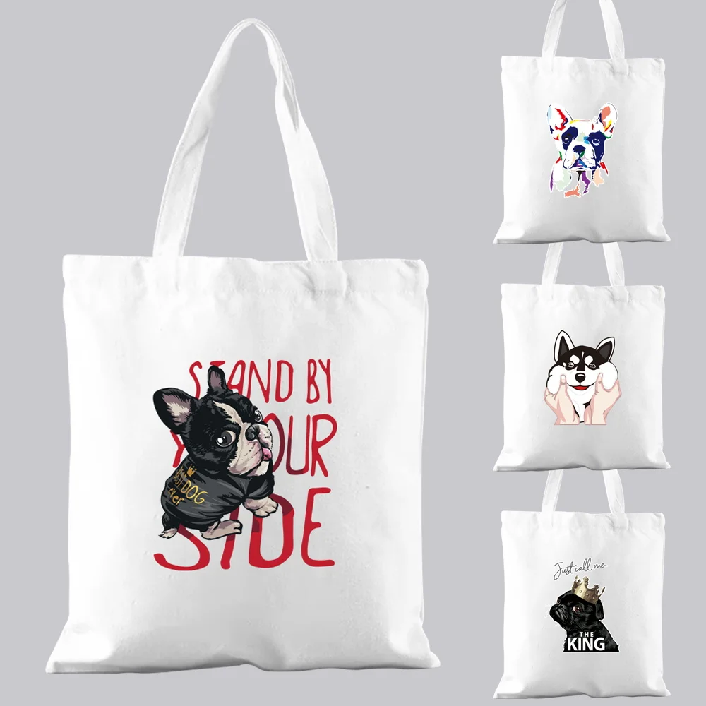 Fashion Shopping Bag Ladies White Casual Handbag Commuter Dog Pattern Printed Canvas One Shoulder Can Be Reused and Portable