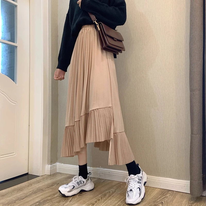 Women Skirts Elegant Autumn Pleated Ankle-length High Waist Casual College Style All-match Elastic Loose Korean Harajuku Trendy