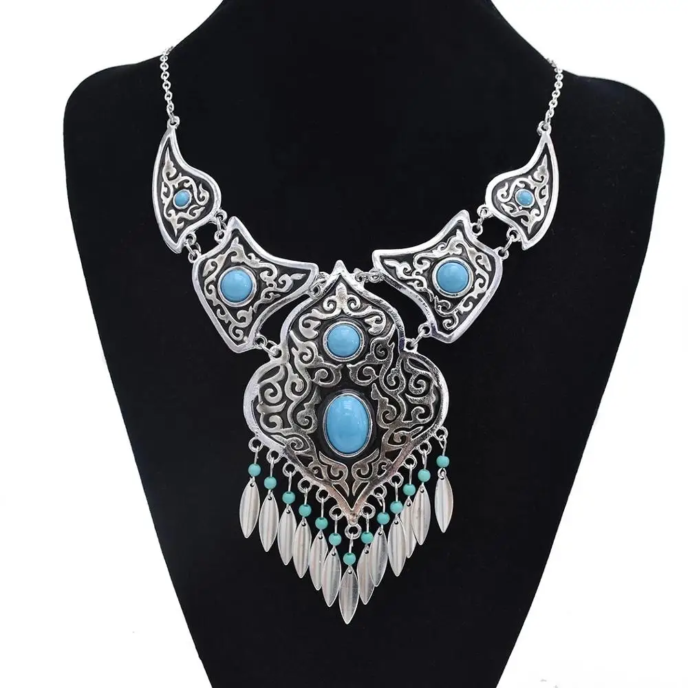 Bohemian Vintage Blue Acrylic Stone Beads Tassel Choker Necklace Earrings for Women India Gypsy Boho African Ethnic Jewelry Set