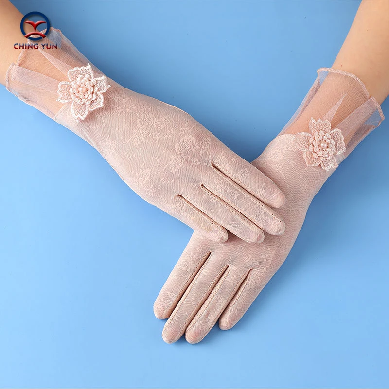 New Summer ice silk sun protection gloves for women ultraviolet-proof thin medium long Driving slip touch screen lace gloves