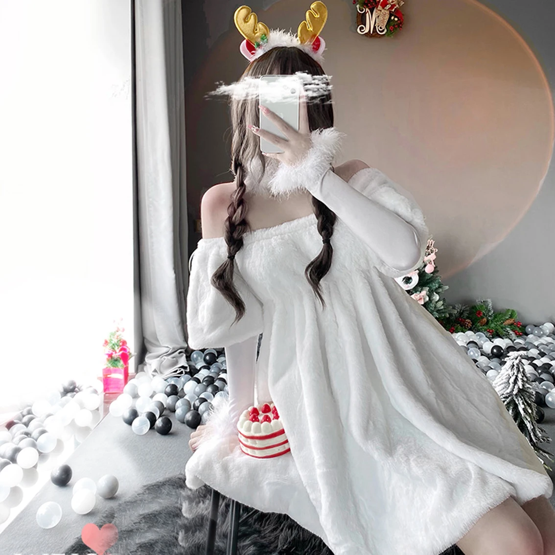 2022 Women Christmas Xmas Lady Santa Claus Halloween Cosplay Exotic Costume Off-Shoulder White Winter Long Sleeve Dress