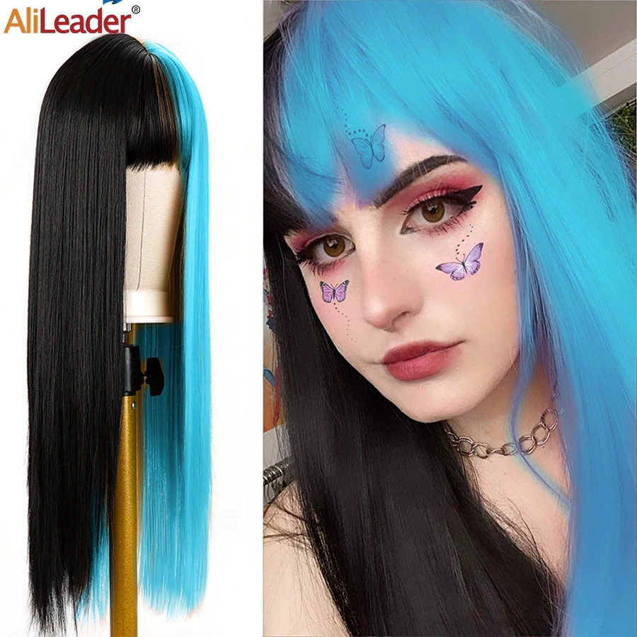 

Alileader Wholsale Split Color Wig Synthetic Half Black Half Pink Two Tone Wig Half Black And Red Wig 26 Inches Long Wigs