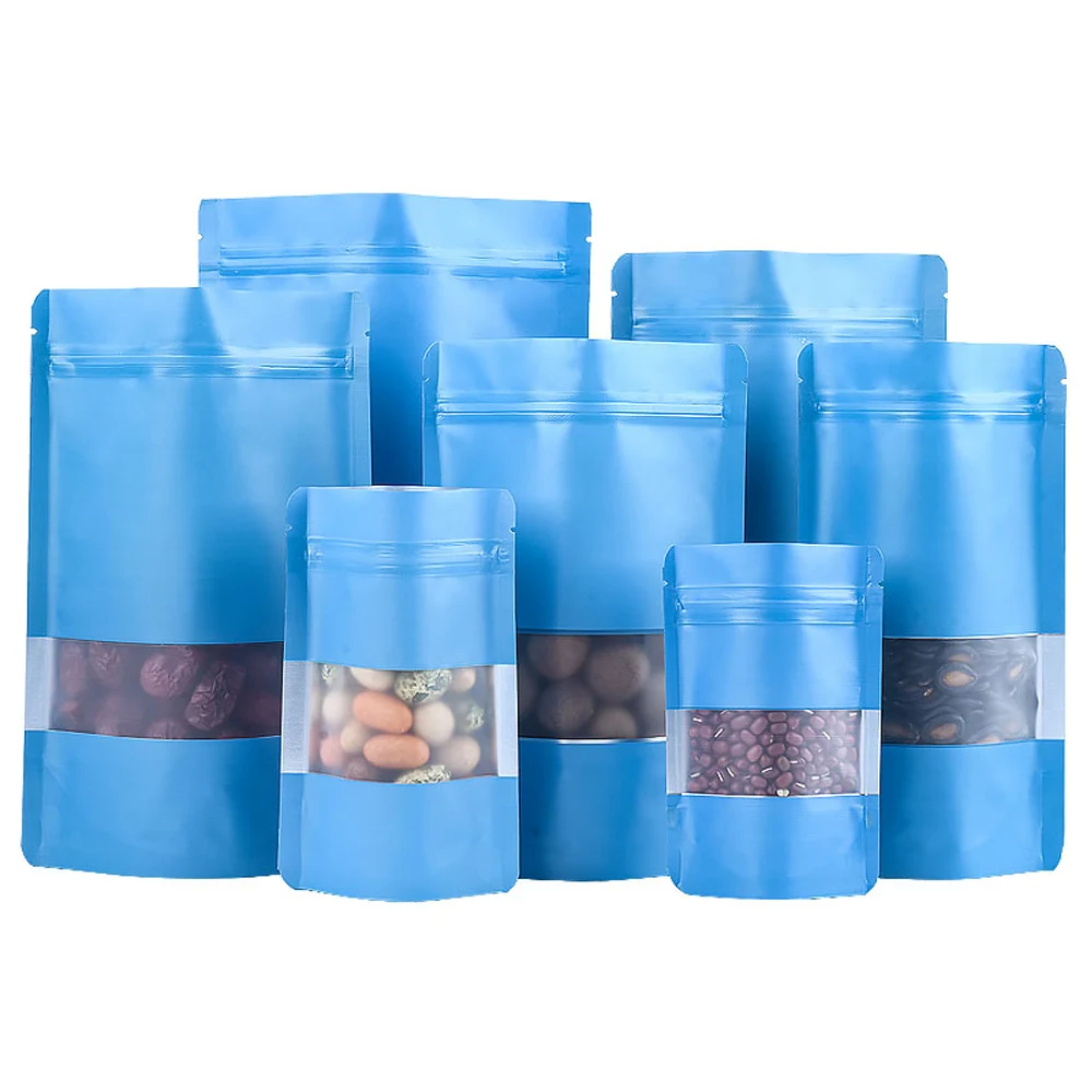 100Pcs/Lot Reusable Reclosable Tear Notch Food Ground Coffee Pouches Blue Mylar Foil Zip Lock Stand Up Bag with Frosted Window