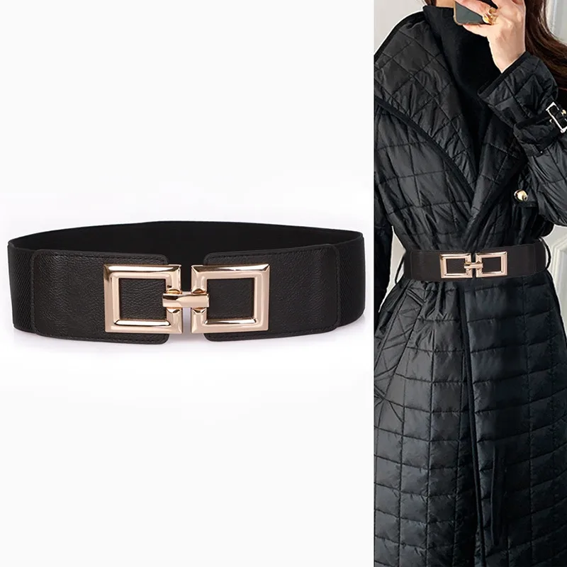 Gold Square Big Buckle Belts For Woman Brown Wide Stretch Waistbands Dress Fashion Black Waist Seals HOT White Cummerbunds Skirt