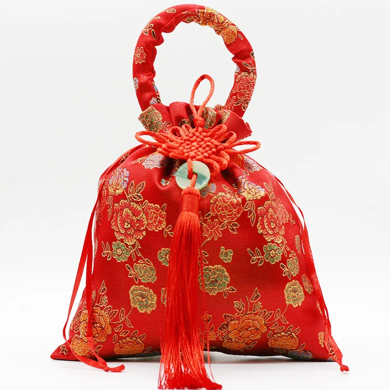 10pcs Chinese Knot Jade Silk Satin Gift Bags with Handle Drawstring Gift Pouch Wedding Party Candy Chocolate Handbag Coin Purses