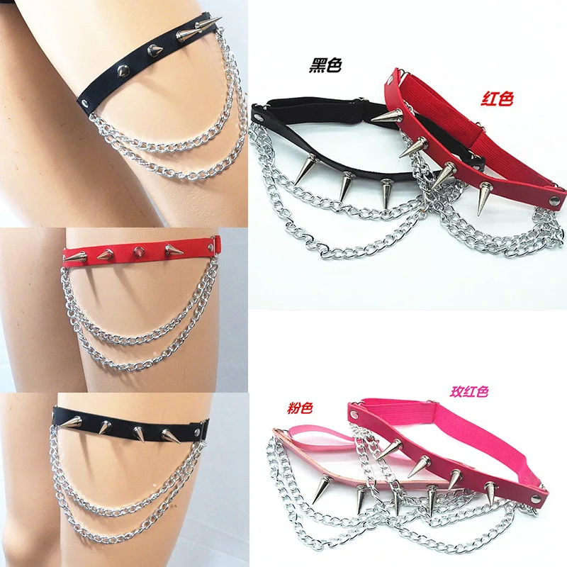 المسامير بو الجلود الساق شرابة سلسلة مثير الشرير الحب الساق الرباط جورب تسخير قابل للتعديل عبودية تأثيري القوطي عصابة القدم خلخال #6