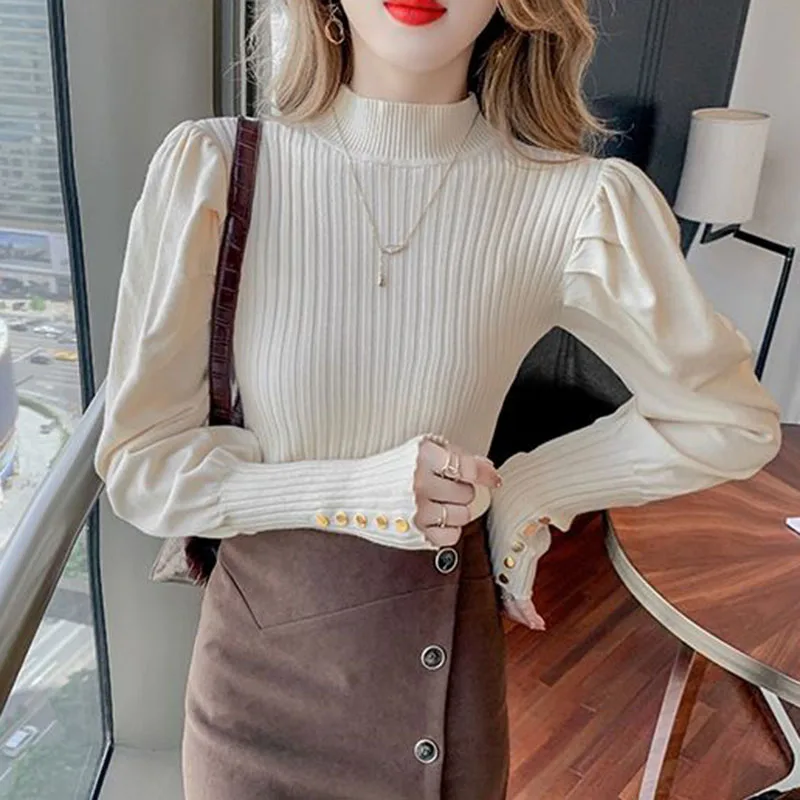 Lucyever Fashion Bubble Lantern Sleeve Knitted Tops Woman 2022 Spring New Bottoming Shirt Women Turtleneck Solid Mujer Jumpers