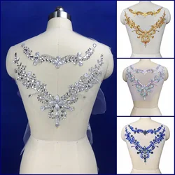 Hand Custom Made Beads Blue Yellow White Purple AB Sew on Rhinestones Sequins Appliqued Patch Design For Costumes Wedding Dress