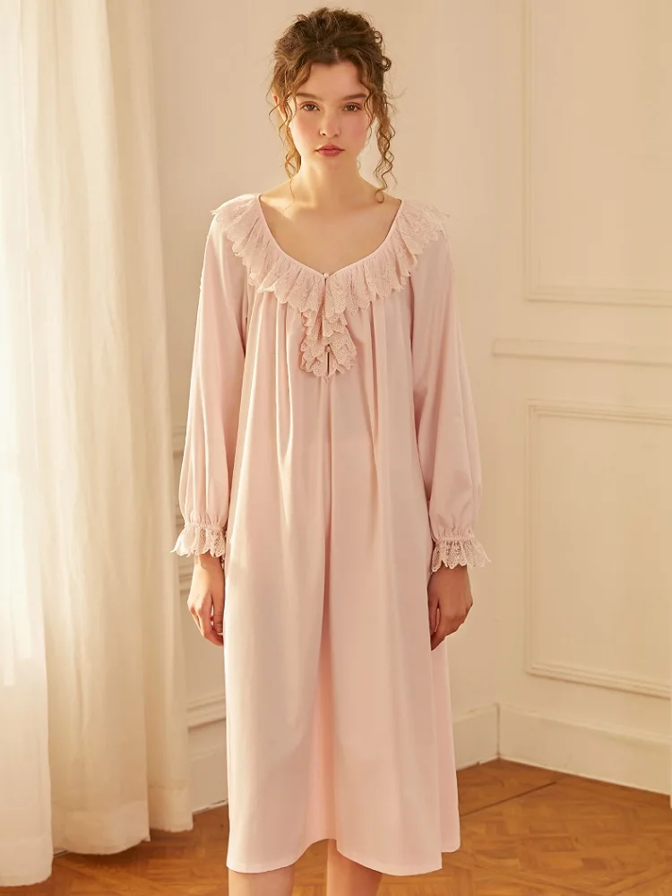 Spring Autumn Cotton Women's Long Sleepwear Vintage Royal Princess V-neck Long Nightgowns Elegant Plus Night Dress