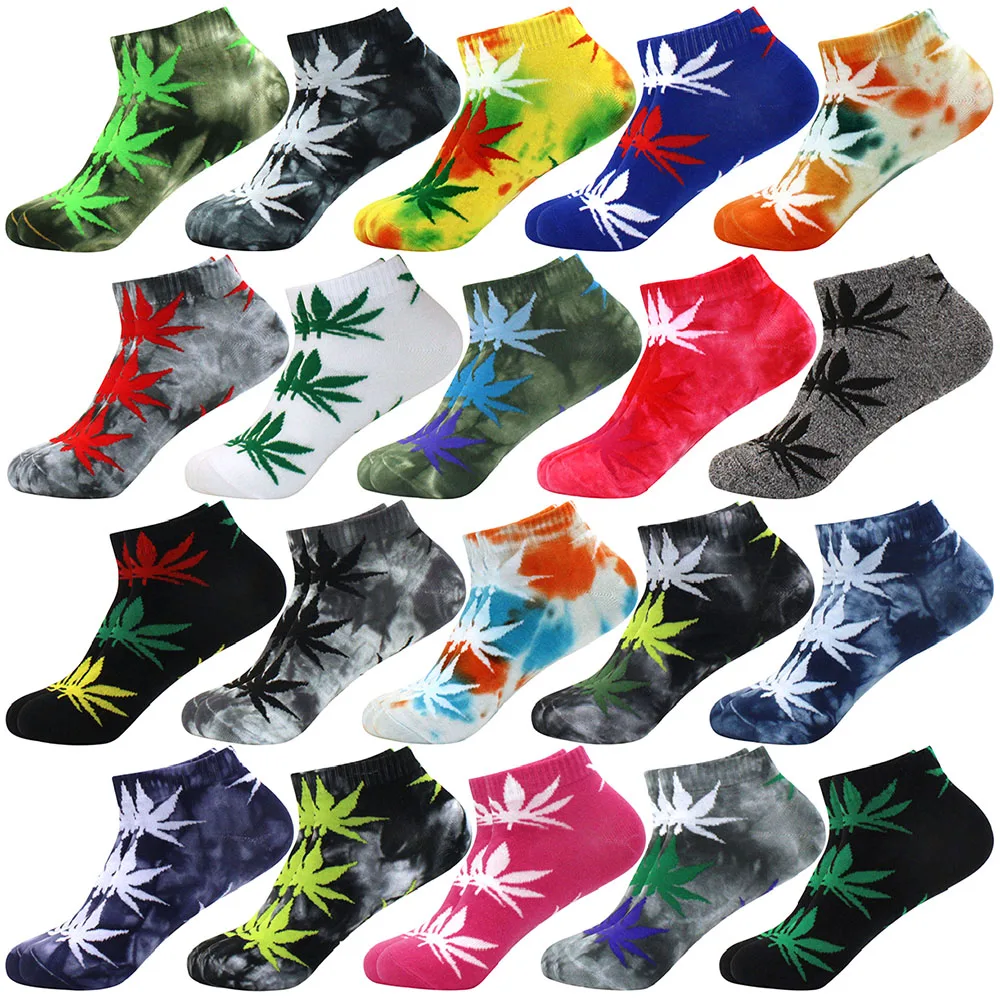 Tie-dye socks Fashion Men Socks Cotton Weed Colorful Women Soft Breathable Short Ankle Socks Maple Leaf Casual happy calcetín