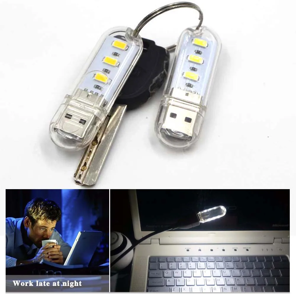 Portable Keychain Mini USB Light, 3 LEDs Night Light, 5730SMD Reading Lamp, Book Bulb for Notebook, Power Bank, Computer, Laptop