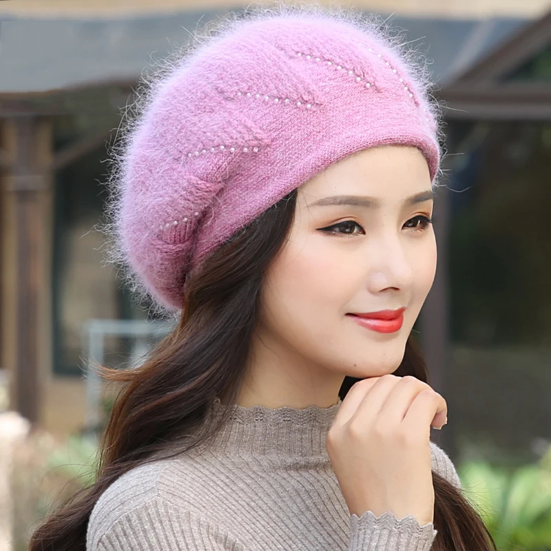 Hat Women Angora Beret Winter Knit Warm Beads Double Layers Thermal Snow Outdoor Skiing Accessory Cap Headwear