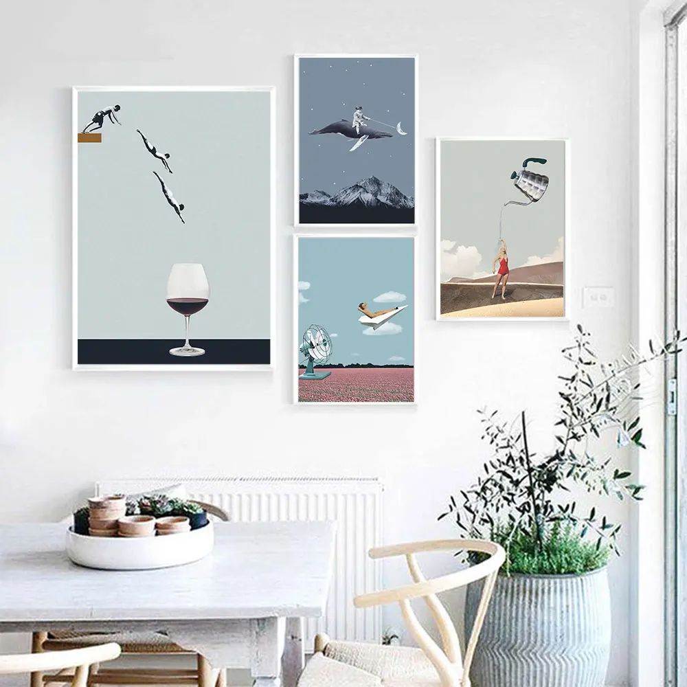 Surrealism Style Wall Art Canvas Decorative Paintings Goblet Wall Pictures Vintage Wall Paining Metal Organic Glass Framed