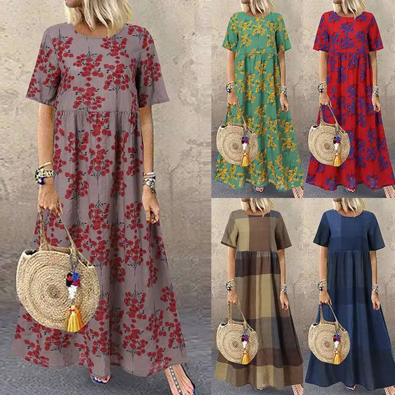 Vintage Gedrukt Maxi Jurk Vrouwen Zomer Zonnejurk Zanzea 2023 Casual Korte Mouw Vakantie Bloemen Vestidos Vrouwelijke O Hals Robe