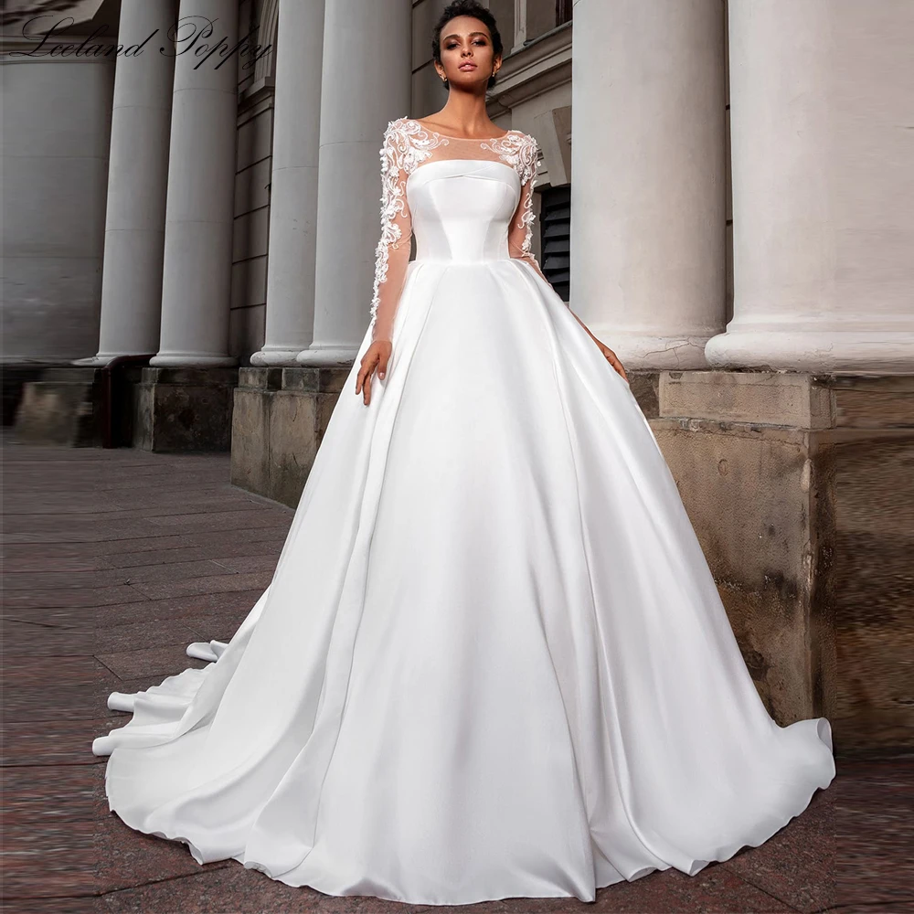 Lceland Poppy Customized A Line Satin Wedding Dresses Full Sleeves Floor Length Lace Appliques Bridal Gowns with Court Train