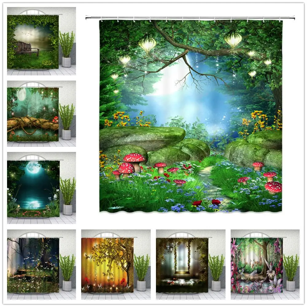 Landscape Shower Curtains Flower Plant Mushroom Night View Fairy Tale Bathroom Decor Home Bathtub Polyester Curtain Set