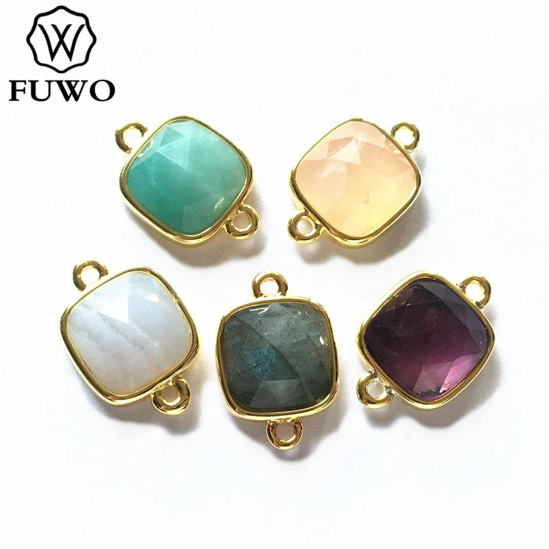 FUWO Tiny Square Charms 12mm Natural Malachite Labradorite Amethysts Pink Quartz Sunstone Connector for Jewelry Making PD302