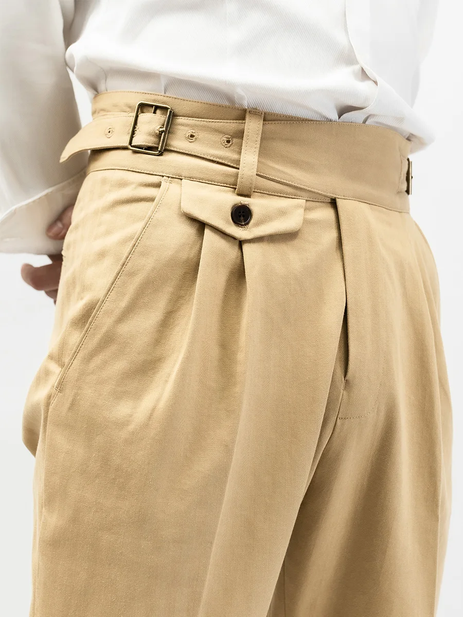 American Khaki Gurkha Men\'s Military Casual Pants Double Pleated Pocket Design Overalls Fishbone Slim Trousers Vintage