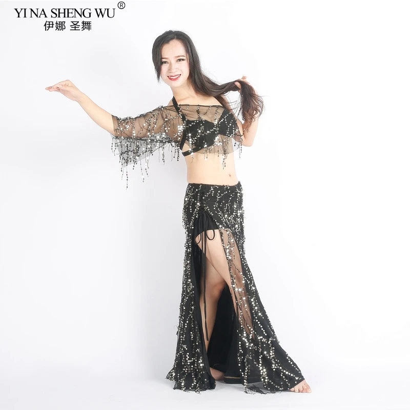 2ピース登るスパンコールタッセルベリーダンスのパフォーマンス衣装セクシーなトップスプリットスカート練習衣装ステージ性能もショーの服
