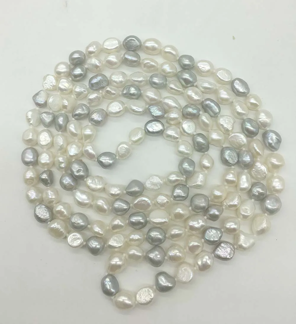 

Handmade Strand White Gray Baroque Real Natural Luster Freshwater pearls Long Wrap Necklace Women's