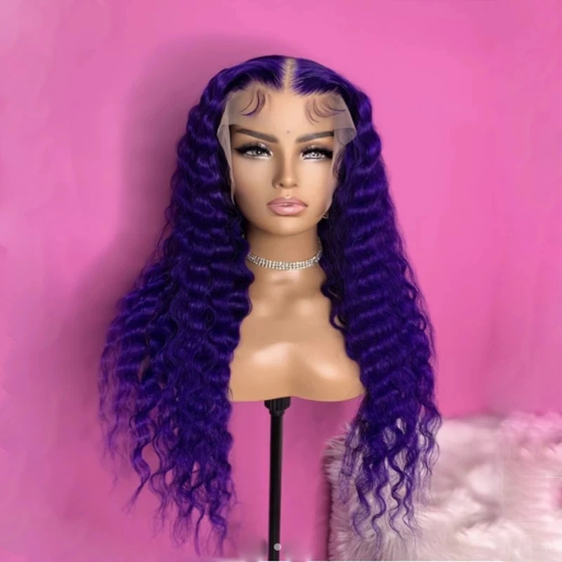 Deep Wave Synthetic Wigs Dark Purple For Women Glueless Wig Lace Front Wigs Heat Resistant Fiber Hair Free Part Cosplay Wigs