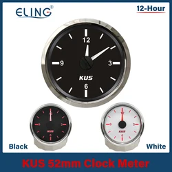 KUS Universal 52mm 12-Hour Clock Meter with Red Backlight 12V 24V for Car Boat Motorcycle Waterproof