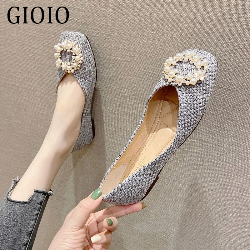 

Gioio 2021 New Retro Style Female Blue Summer Fashion Lady Low heeled Square Pointed Plaid Metal 1cm heel Woman zapatos de mujer