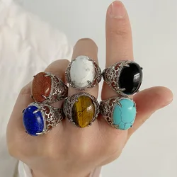 Fashion Trendy Silver Color Rings Natural Stone Agates Rings Adjustable Howlites Finger Ring for Women Men Jewelry Partry Gifts