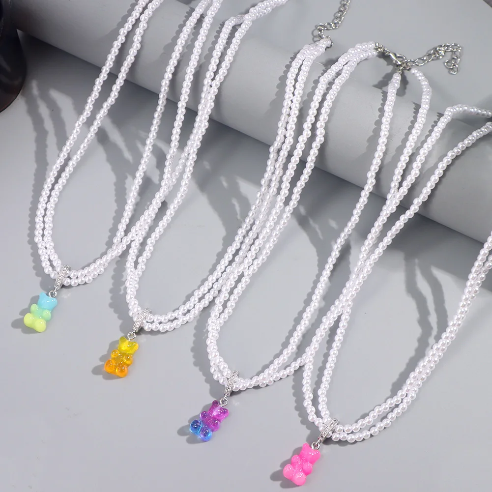 Kpop Multi layer Pearl Beaded Zircon Bear Gummy Choker Necklace For Women Colorful Cartoon Jelly Bear Beads Necklace Y2k Jewelry