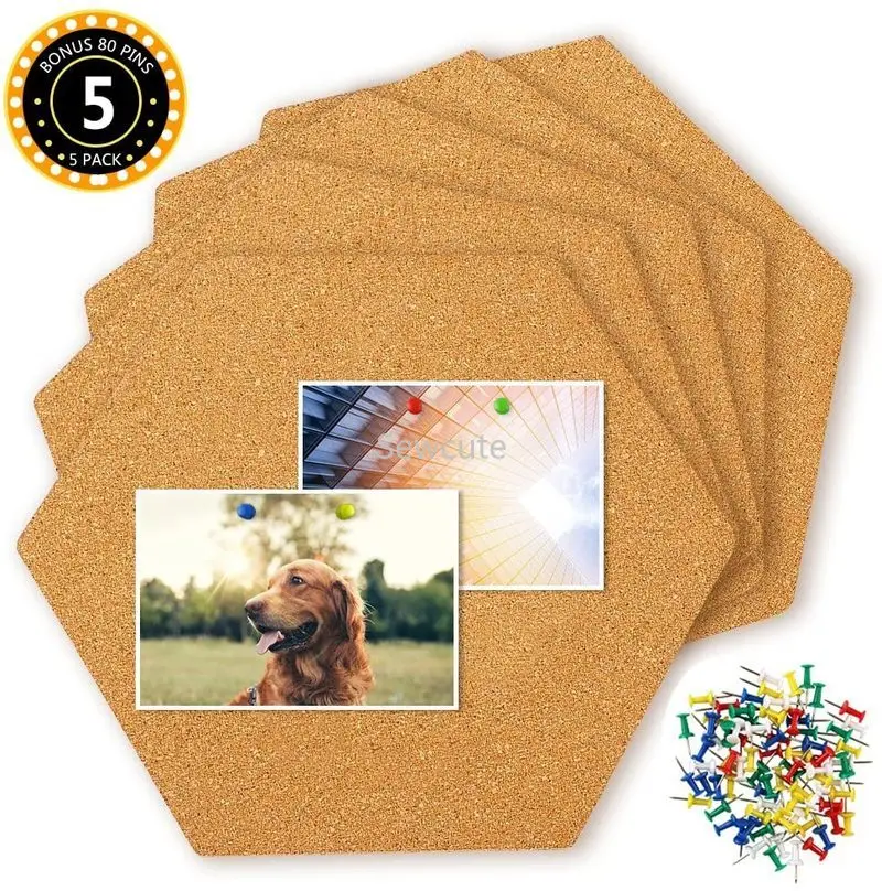 4pcs Multifunction Cork Board Self-Adhesive Office Home Wood Photo Background Hexagon Stickers Wall Message Drawing Bulletin