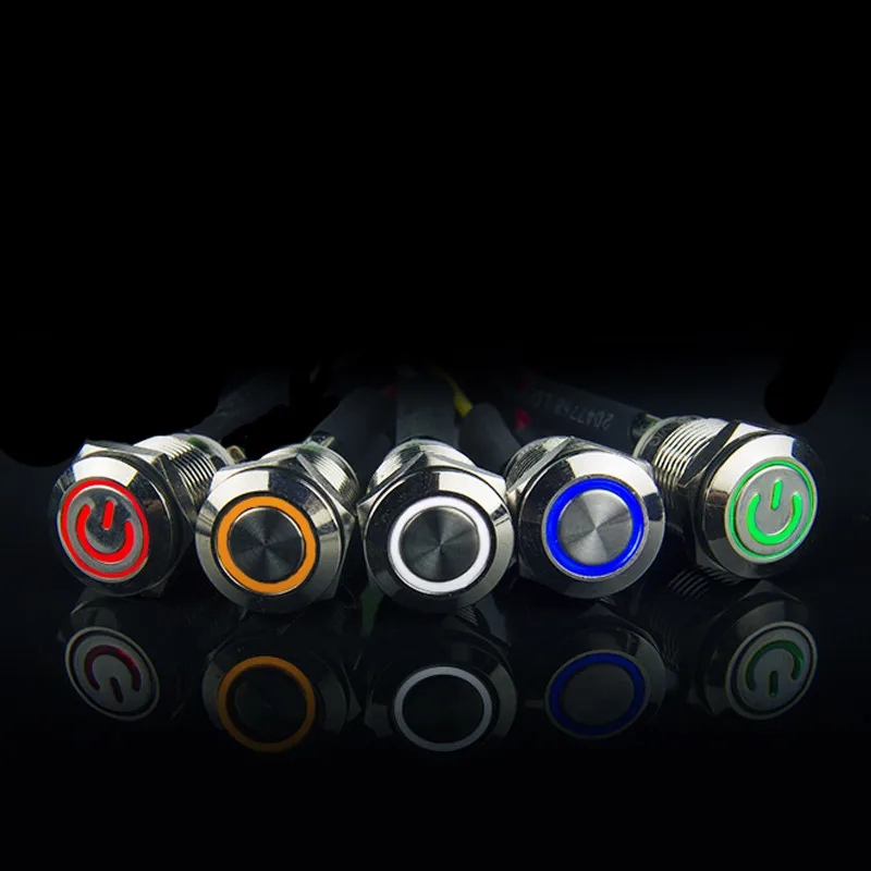 12mm Waterproof Metal Push Button Switch LED Light Black Momentary Latching Car Engine PC Power Switch 5V 12V 24V 220V Red Blue