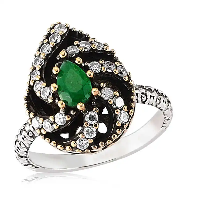 Silver Green Authentic Women's Ring Zircon Stone 925 Sterling Jewelry Wedding Party Birthday Gift - Box - Women - Fashion - Botiva - Size - Turkish - Patterned Embroidered