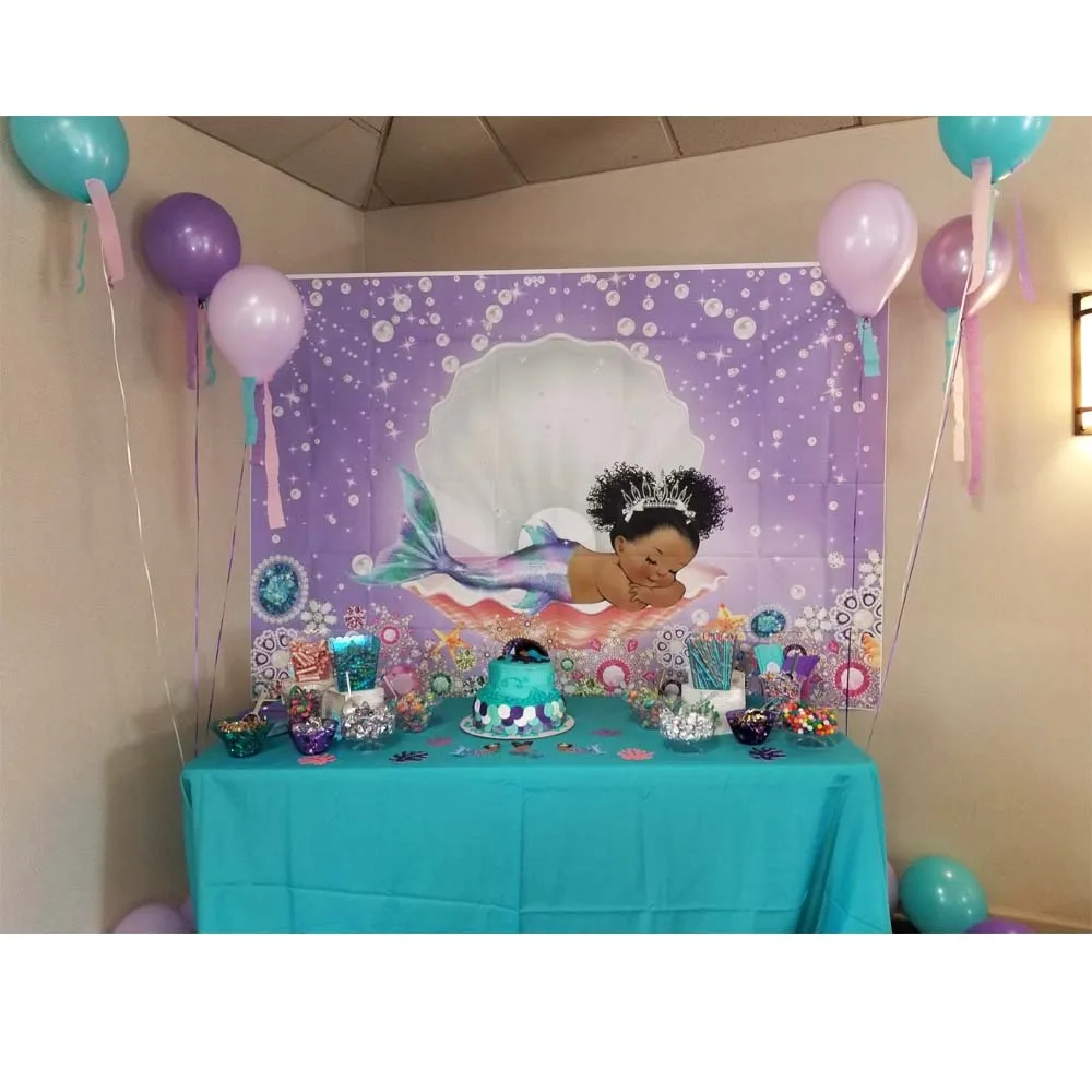 MOCSICKA-Toile de fond d'anniversaire sirène pour fille, 1er anniversaire, décoration de fête, bannière, baby shower, accessoires photo, fond de stand de studio