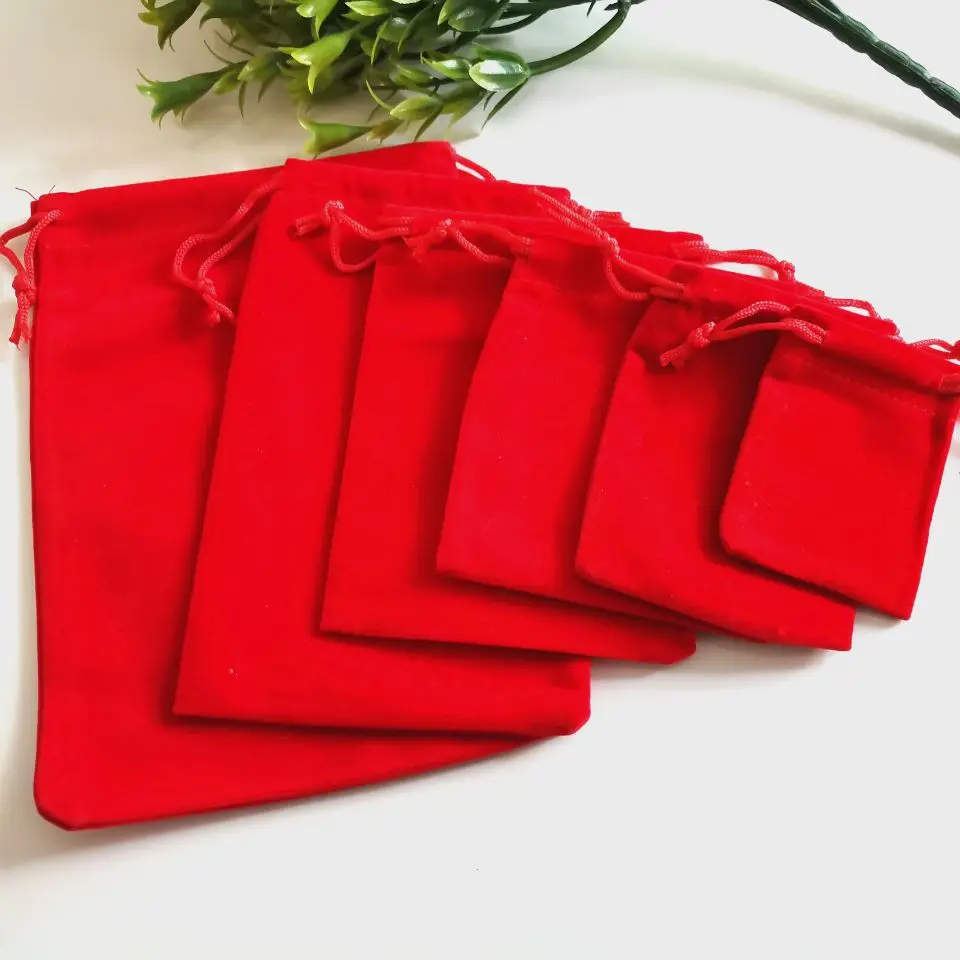 25-1000Pcs/Lot Red Drawstrings Velvet Gift Bags Jewellery Pouches Wedding Christmas Gift Bags Jewelry Packaging Bags