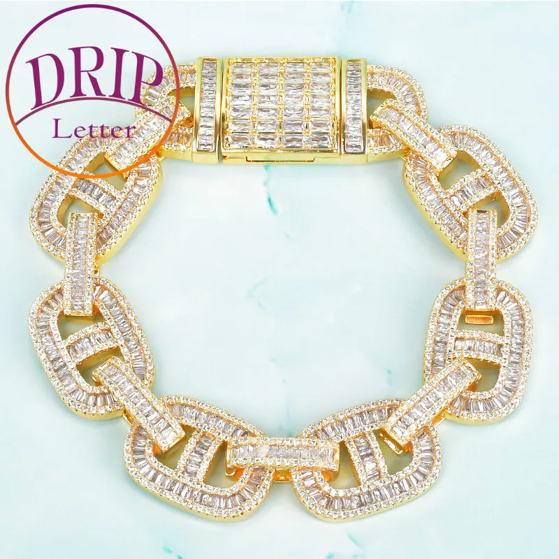 Drip Letter Baguette Zircon Cuban Link Bracelet for Men Hip Hop Jewelry Real Gold Plated Charm Rock Street Style