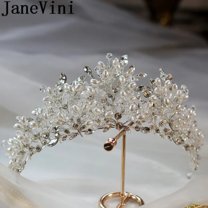 JaneVini Boho Pearls Bride Headpieces Crystal Bridal Tiaras White Silver Wedding Hairbands Women Beauty Pageant Hair Accessories