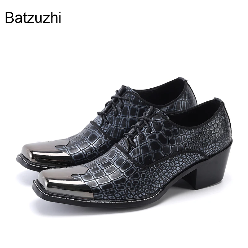 

Batzuzhi 6.5cm High Heels Fashion Men's Shoes Lace-up Leather Dress Men Shoes Square Toe Business, Party and Wedding Shoes Male