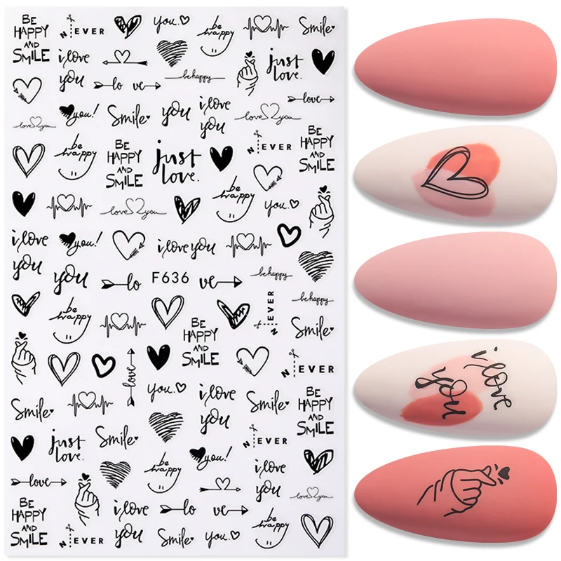 Hart Liefde Ontwerp 3D Nail Sticker Engels Brief Stickers Gezicht Patroon Trasnfer Sliders Valentijnsdag Nail Art Decoratie