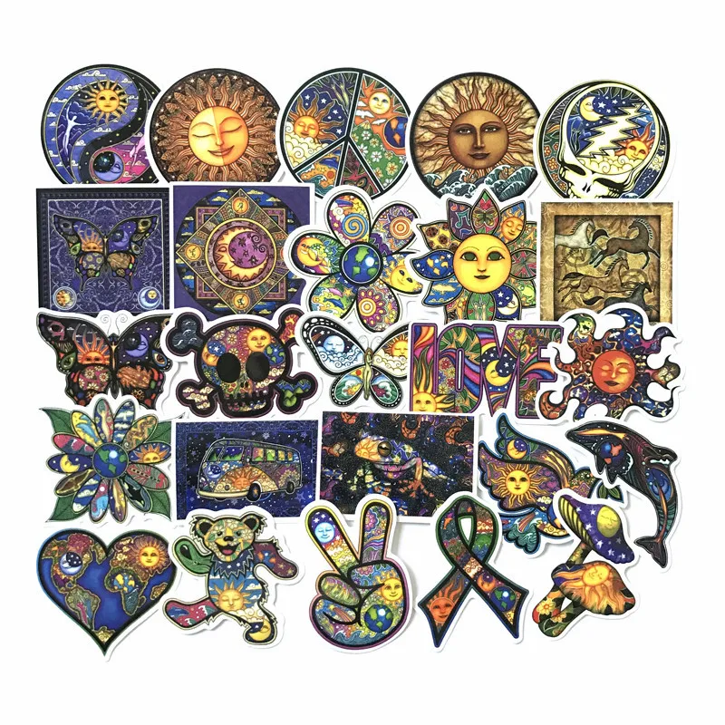 25Pcs/lot Hot Colorful Sun Moon Wishing World Peace Stickers For Snowboard Laptop Luggage Bicycles Backpack Notebook Pegatinas