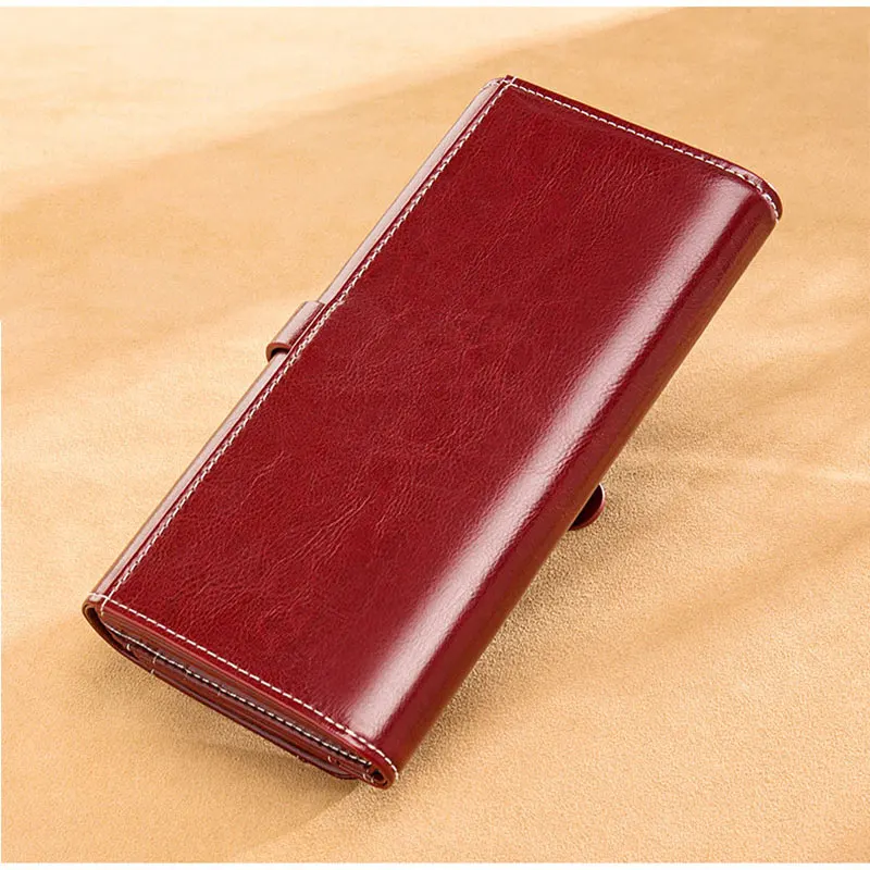 Luxury Design Vintage Oil Wax Women Genuine Leather Wallet Long Large Capacity Clutch Purse Ladies Bag Tri-fold Phone Money Clip