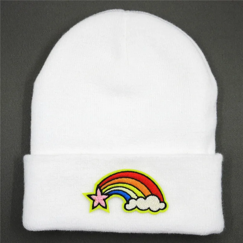 Rainbow Embroidery Cotton Thicken Knitted Hat Winter Warm Hat Skullies Cap Beanie Hat for Men and Women 149