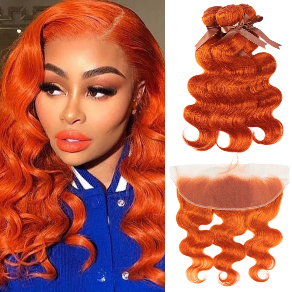 Sleek Orange Brazilian Bundles With Frontal Body Wave Lace Frontal With Bundles 8-28 Remy Human Hair Weave Bundles With Closure