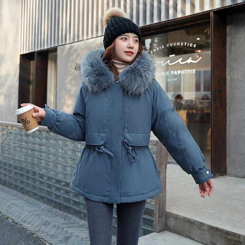 

Winter Warm Thicken Women Cotton Jacket Solid Loose Fur Collar Hooded Cotton Padded Coat for Ladies Casual Wool Liner Overcoat