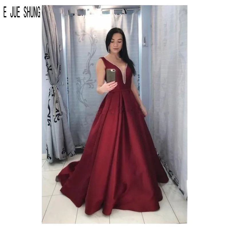 

E JUE SHUNG Burgundy Simple Evening Dresses Deep-V Neck Sleeveless Satin Prom Gowns Formal Vestidos De Fiesta