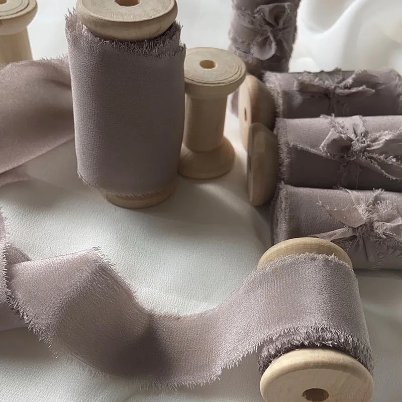 1ROLL Handmade Silk Ribbon 100% Pure Silk Frayed Edged Tape With Wooden Spool 25mm 50mm Flatlay Wedding Card Gift Wrapping