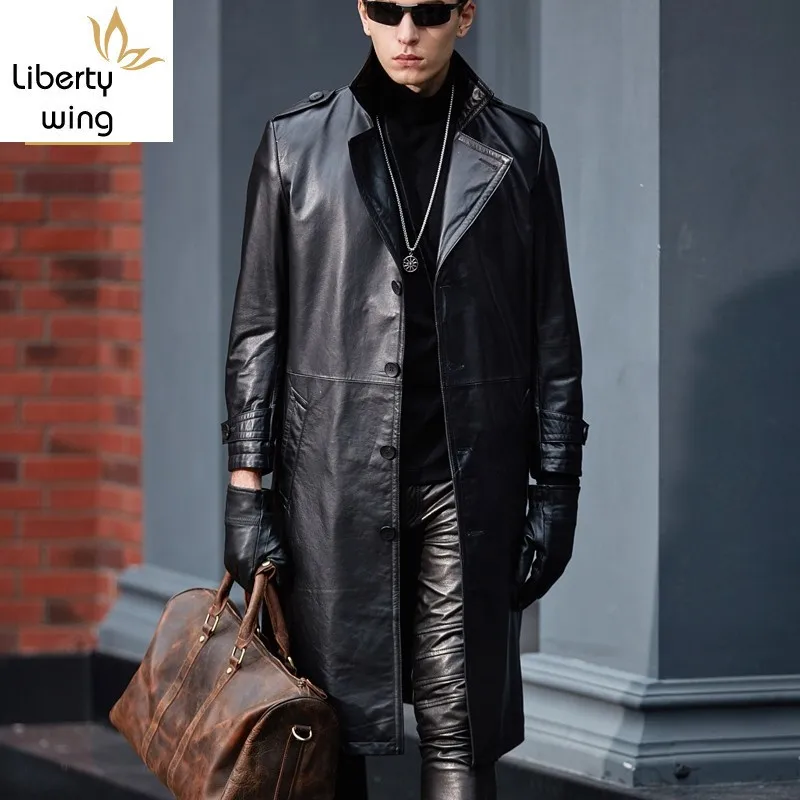 Men Genuine Trench High Quality Cowhide Black Long Jackets 2020 Fashion Business Casual Real Leather Coats Windbreaker