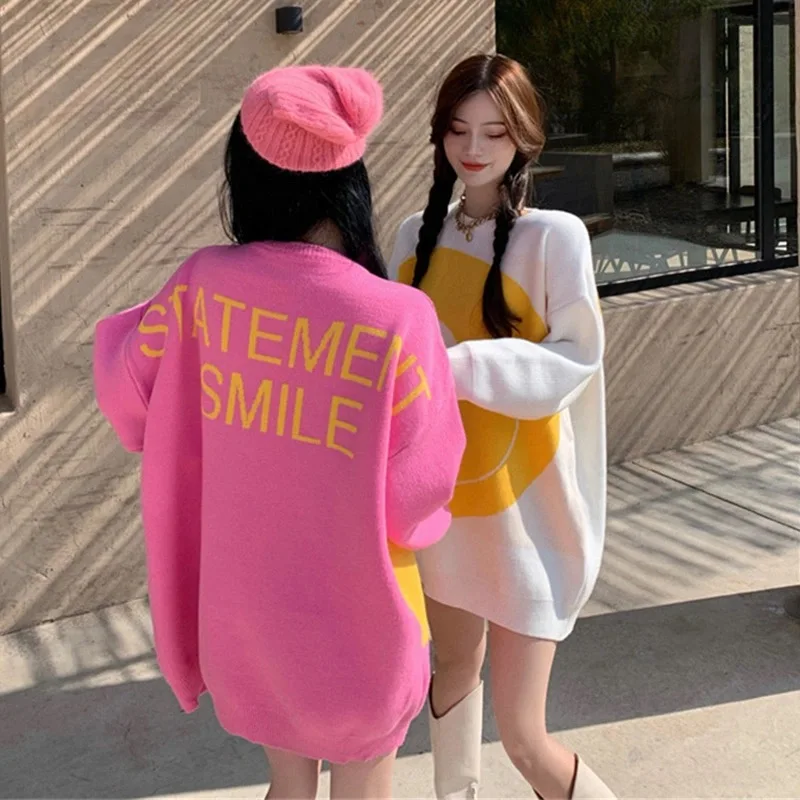 Smile Face Women Knitted Sweater Korean Fashion Cartoon Printed O Neck Long Sleeve Loose Streetwear Jumpers Winter Pullovers